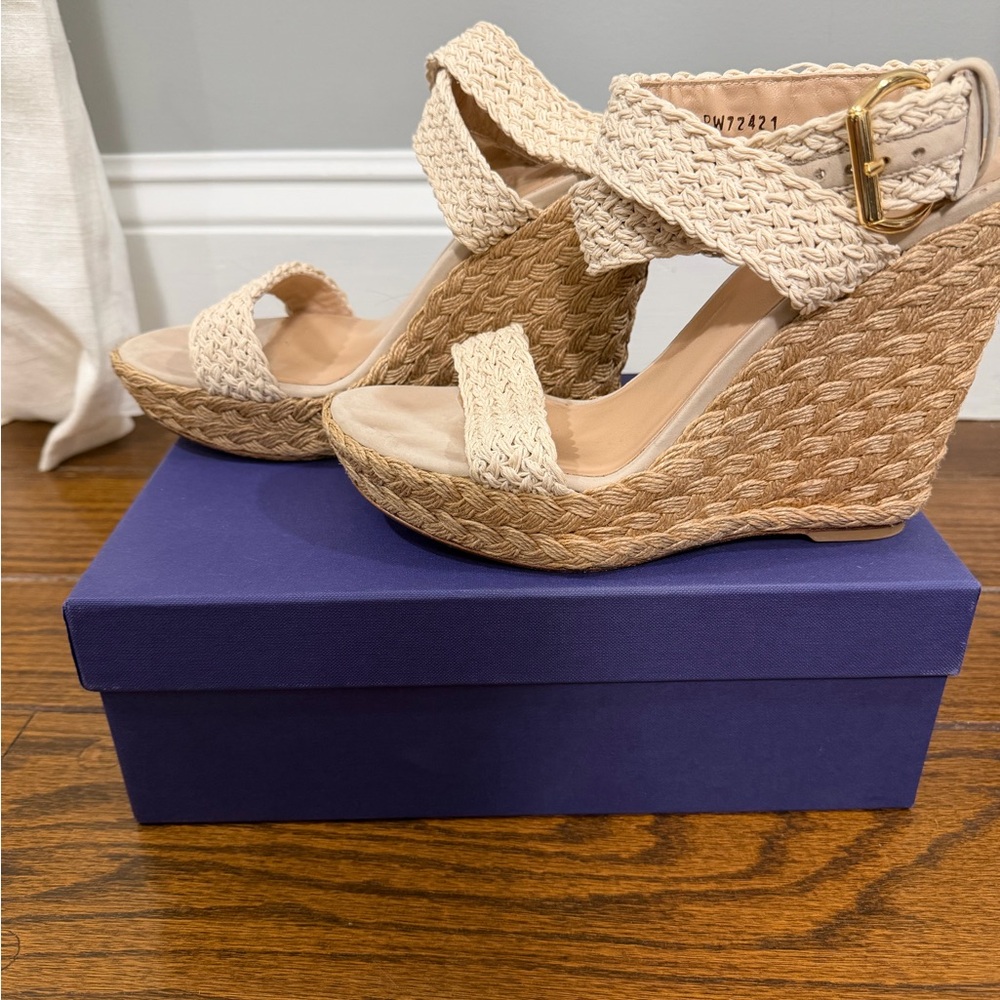 Stuart Weitzman Alex Crochet Wedge Sandals, Sz 9
